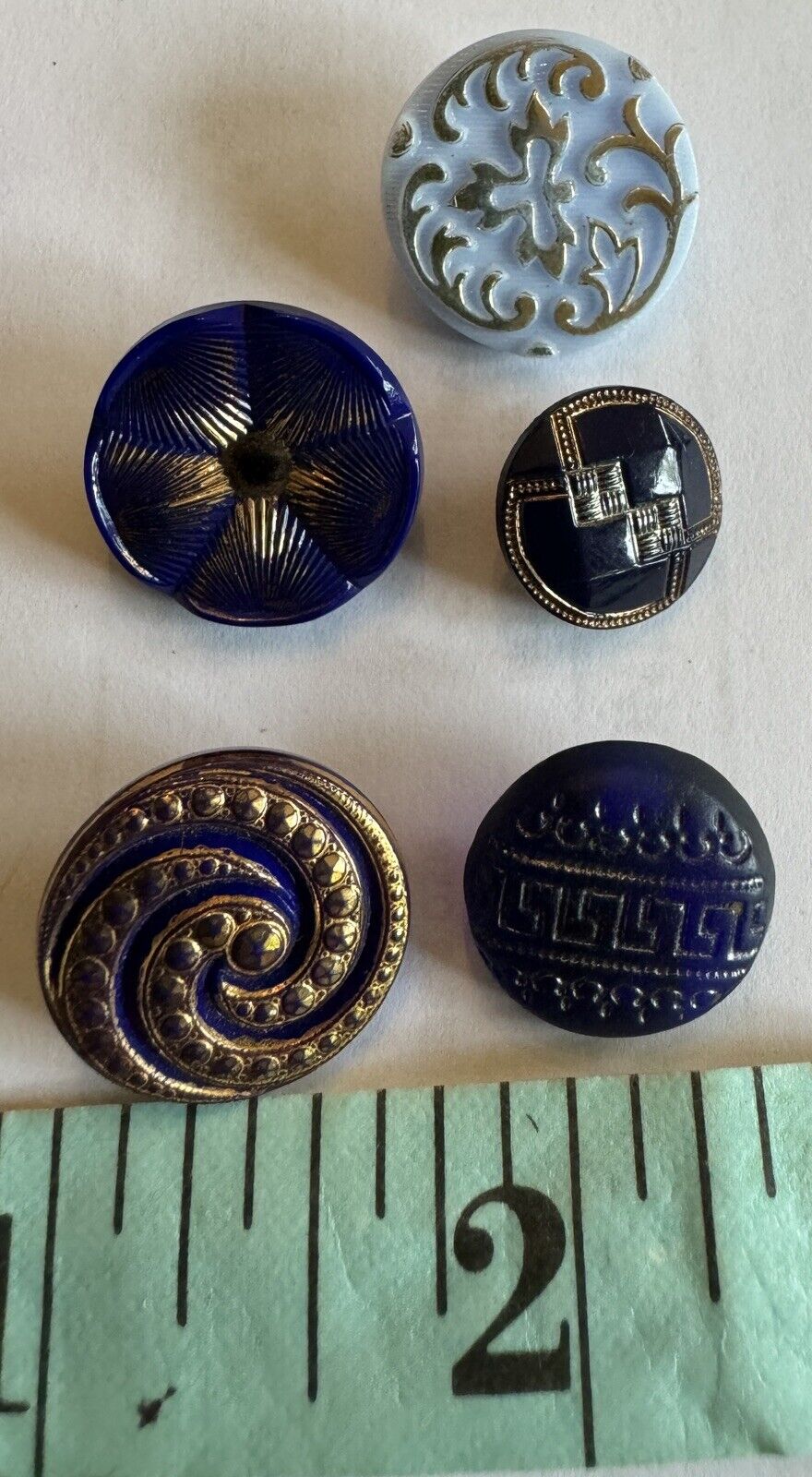 5 Antique Buttons… Blue Glass With Gold Lustre Assortment