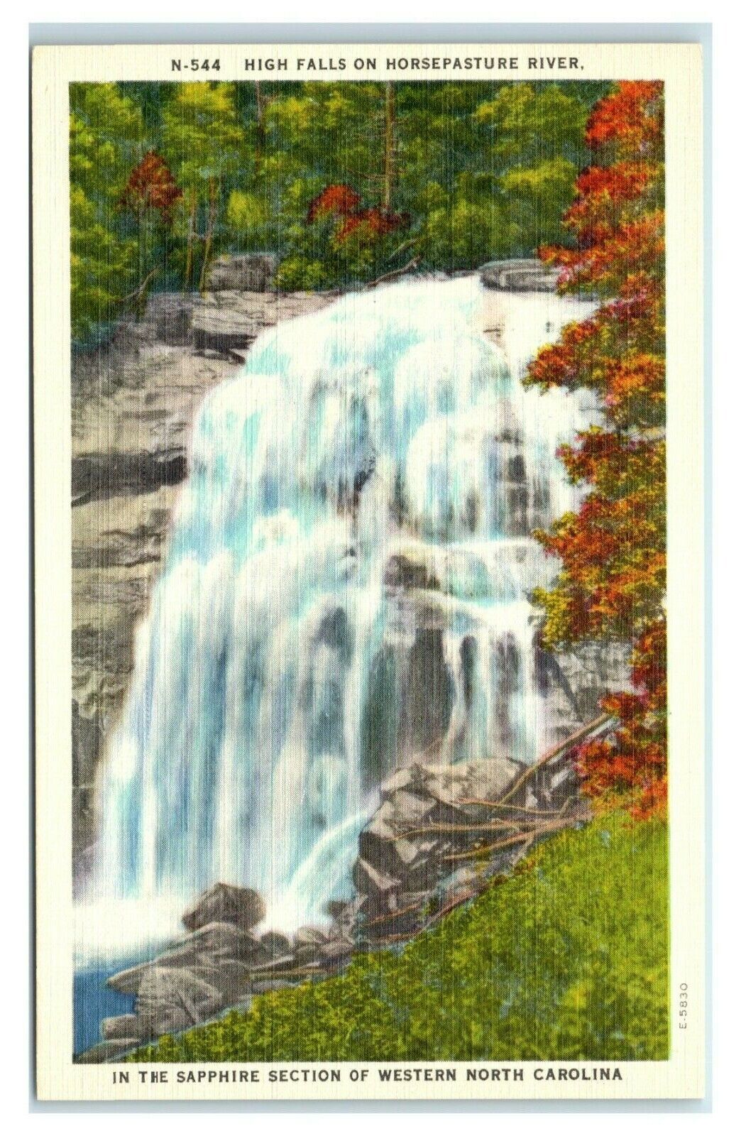 Postcard High Falls on Horsepasture River, Sapphire of Western NC linen X24