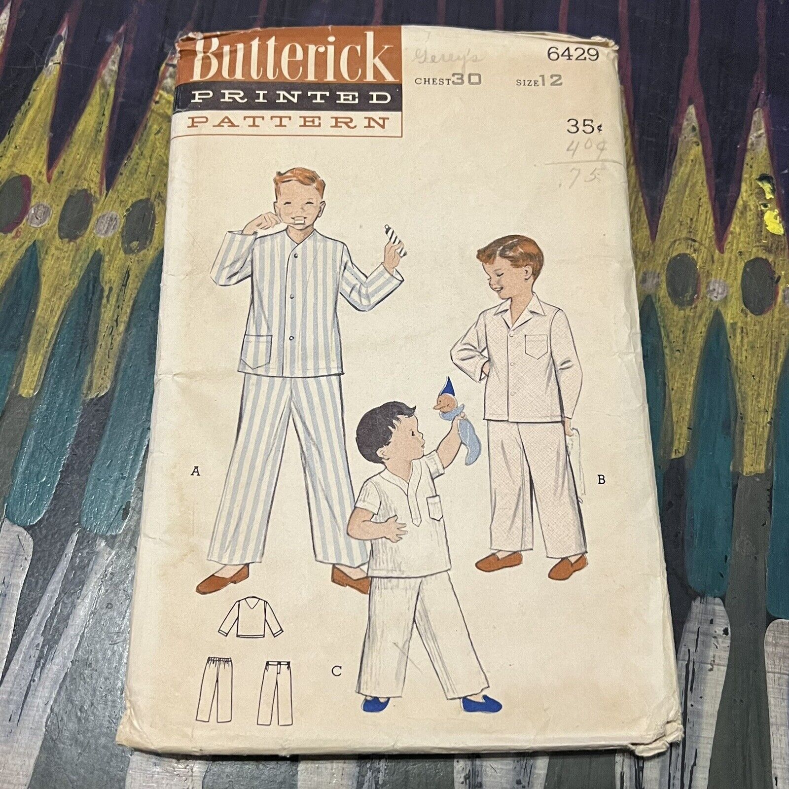 Vintage 1950s Butterick 6429 Boys Pajamas in 3 Styles Sewing Pattern 12 FLAW CUT