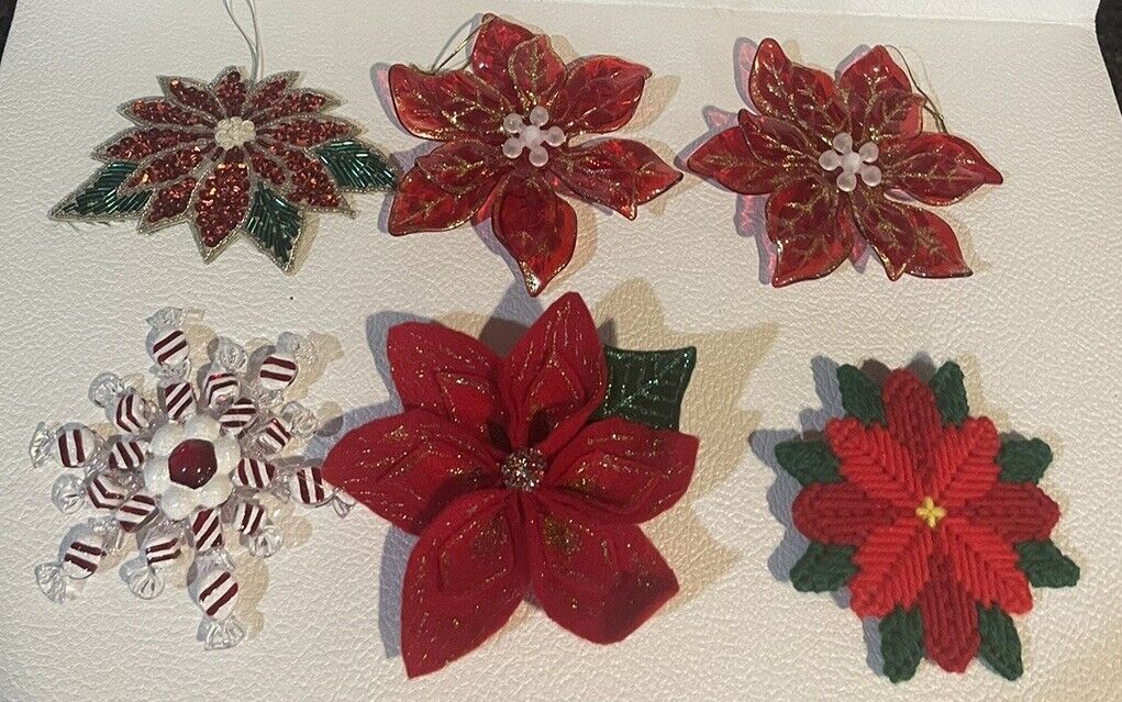Lot of 6 Poinsettia Ornaments, Plastic, Sequins/Beads, Felt, & Knit & Snowflake