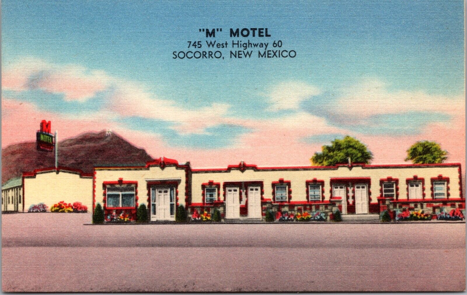 Socorro NM M Motel Overlooking Rio Grande NM School Mines Hwy 60 Linen Postcard