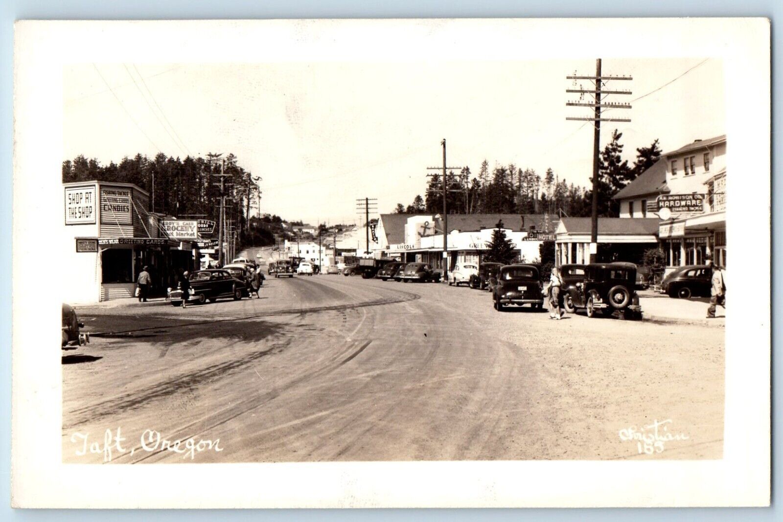 Taft Oregon OR Postcard RPPC Photo Main Street Grocery Lincoln Cars Christian
