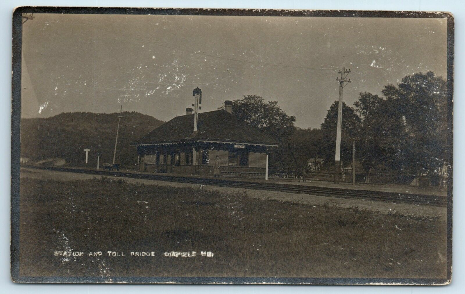 Postcard RR Station Depot and Toll Bridge, Dixfield, Maine c1907-1909 RPPC A193