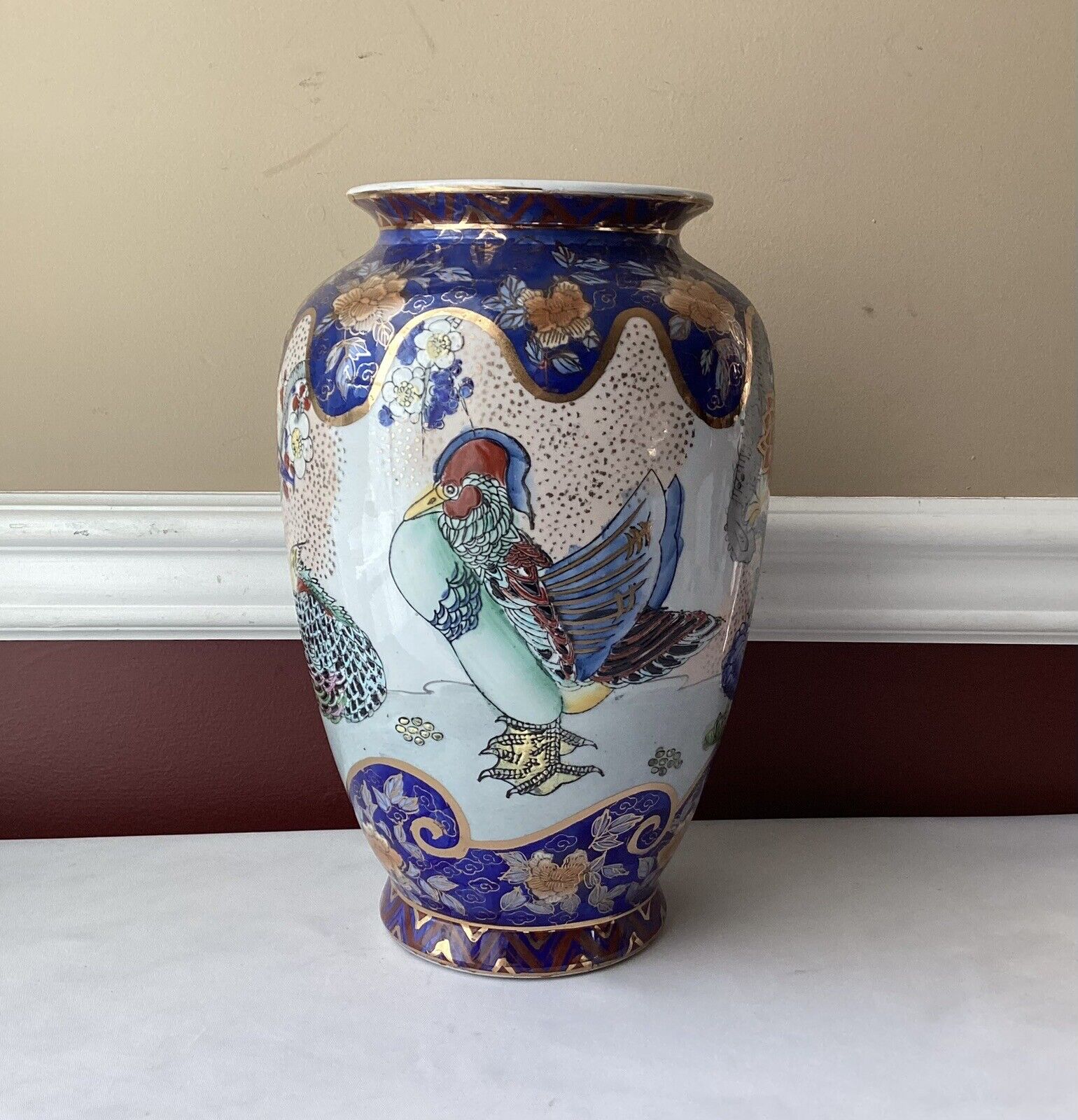 Vintage Tall Chinese Porcelain Vase Mandarin Duck Design, Unmarked, 12” T