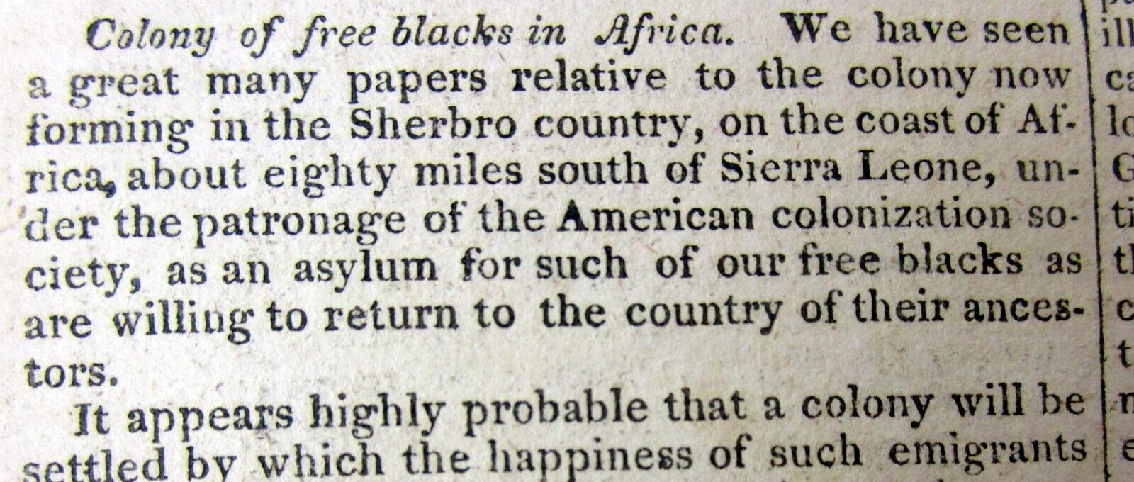 1820 newspaper wth Plan to send free SLAVES back to AFRICA & form a Black Colony