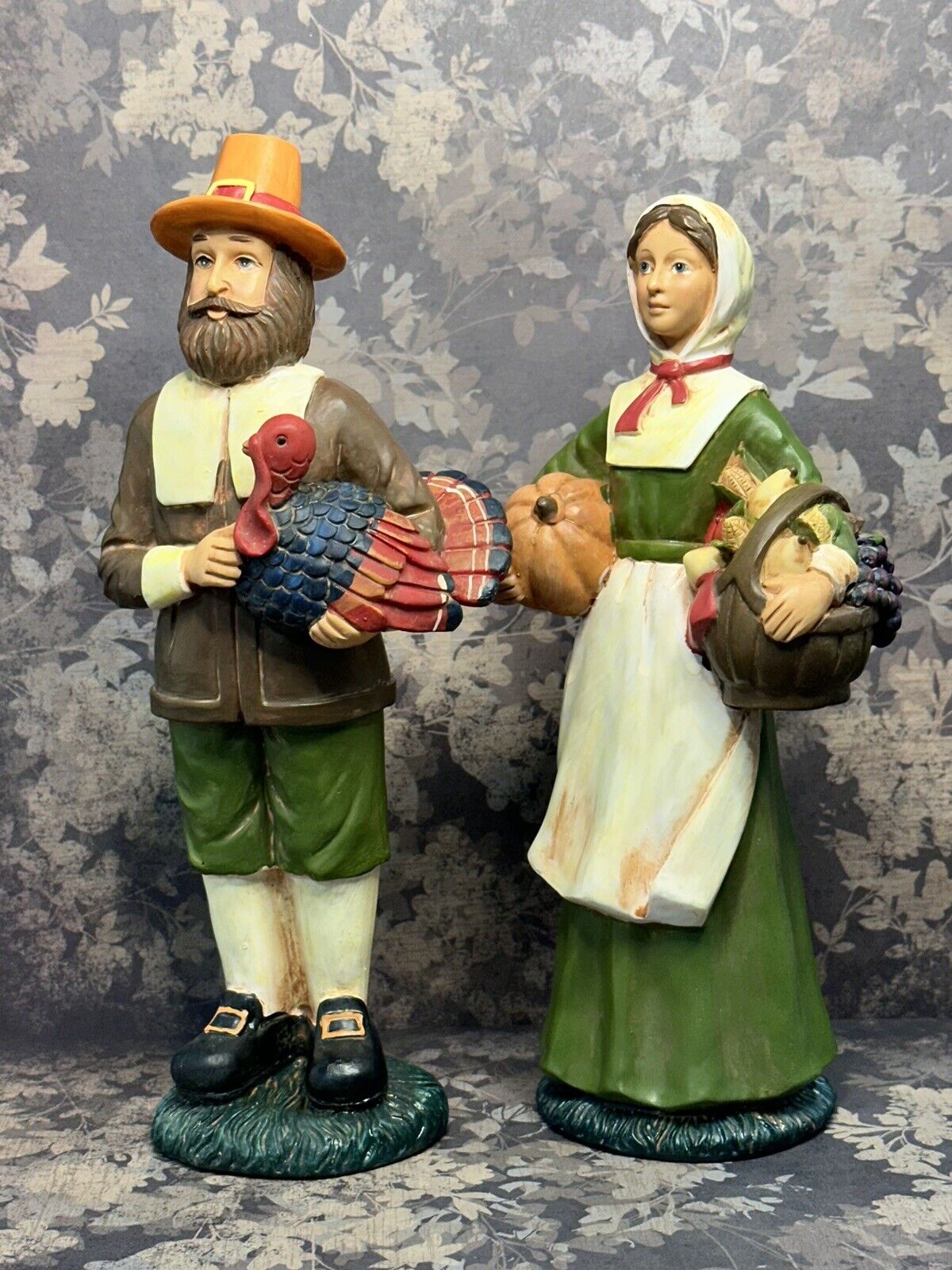 Resin Thanksgiving Harvest Pilgrim Figurines 2009 Man 8.5” & Woman 8”