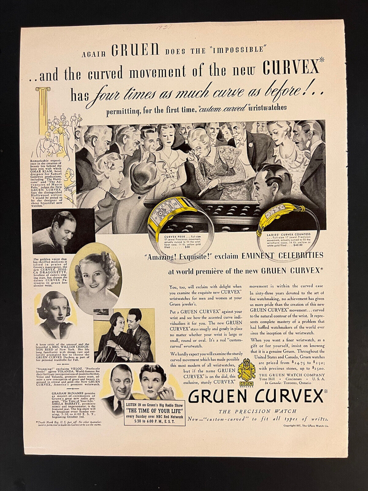 Gruen Watches VTG 1940s Print Add 10x13 Curvex High Society
