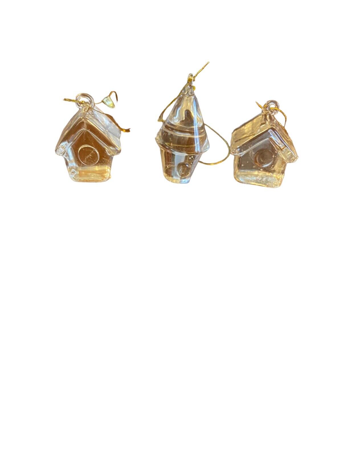 35 Mini Solid Clear Glass Bird House Ornaments. Three Kinds. Gold String