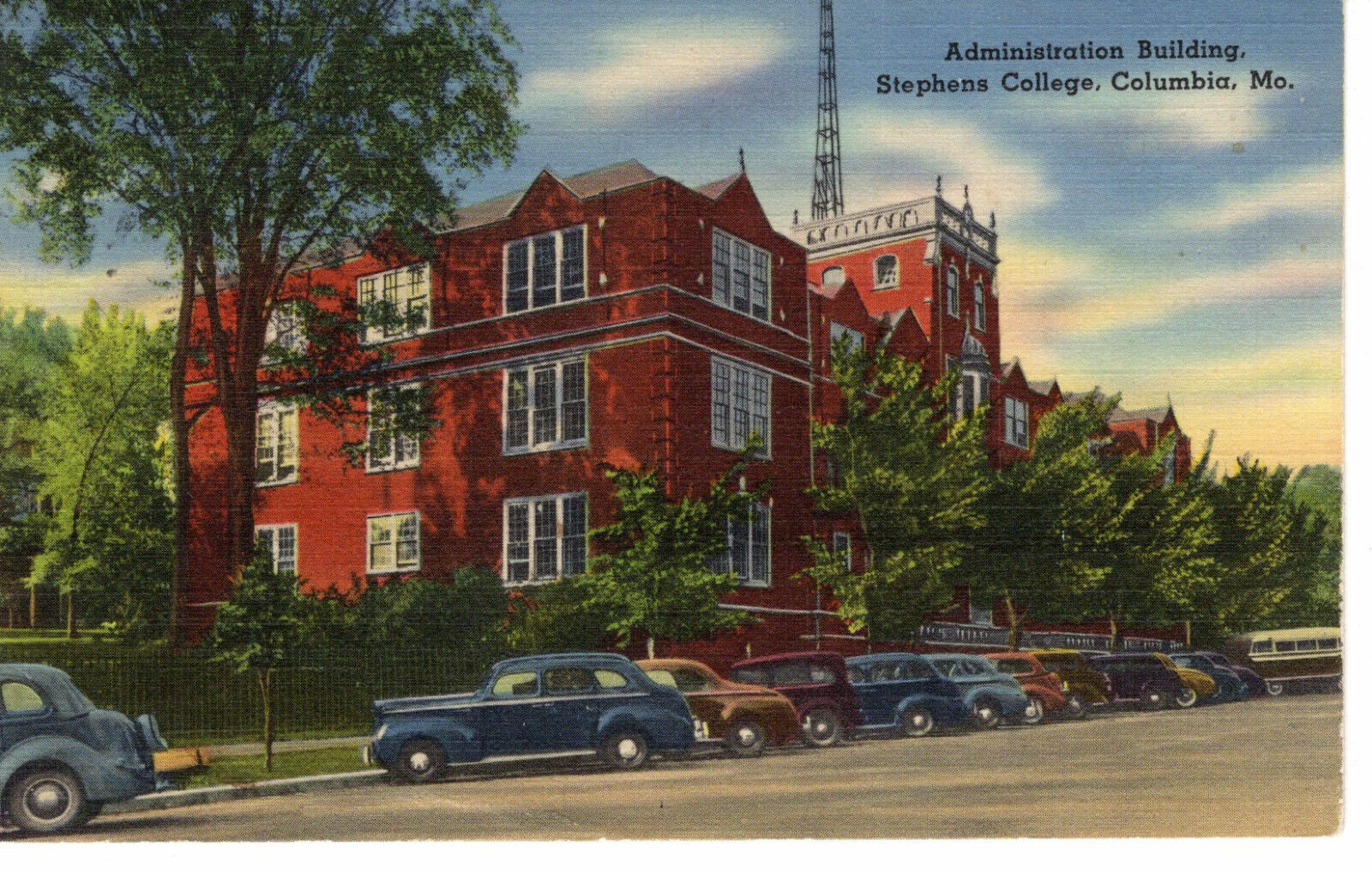 Vintage Postcard MO Columbia Admin Building Stephens College 40s Cars c1942 -326