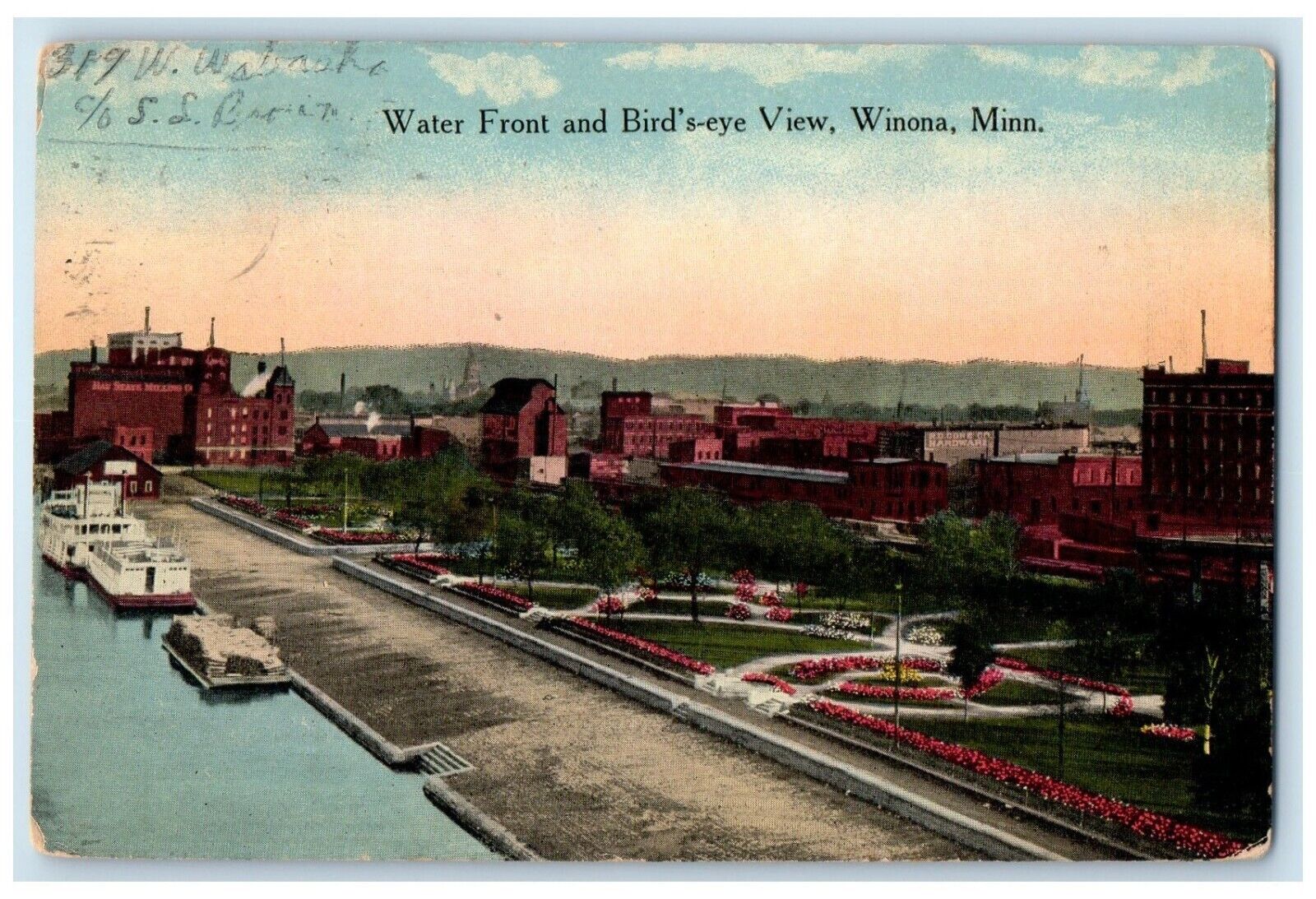 1915 Water Front Birds Eye View Exterior Building Winona Minnesota MN Postcard