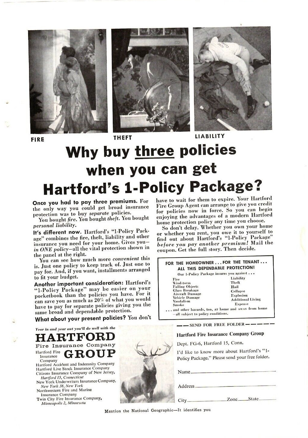 1958 Print Ad Hartford Fire Insurance Group Why buy three policies when you can