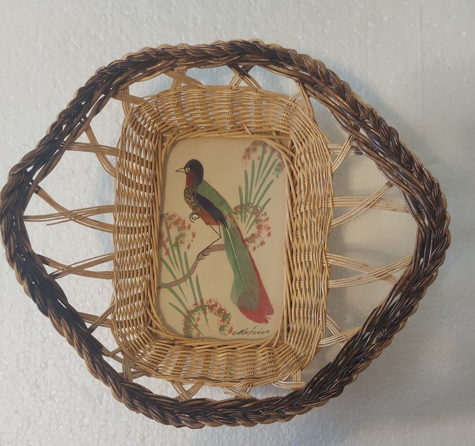 Vintage Mexico Feather Bird Painting Basket Feathercraft Mexican Folk Art AS IS