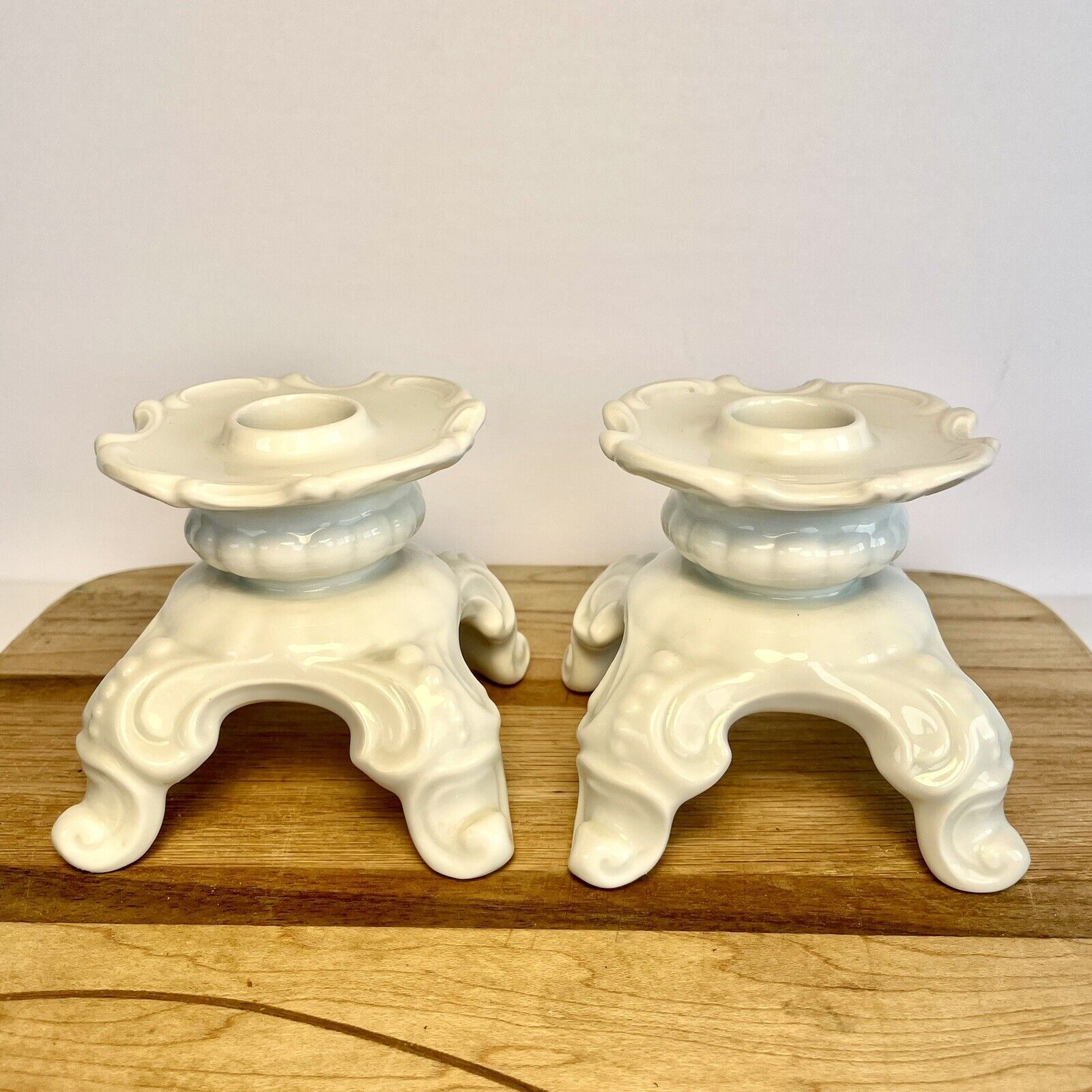 2 Hutschenreuther White Candlestick Holders Porcelain Bavaria Germany Vintage
