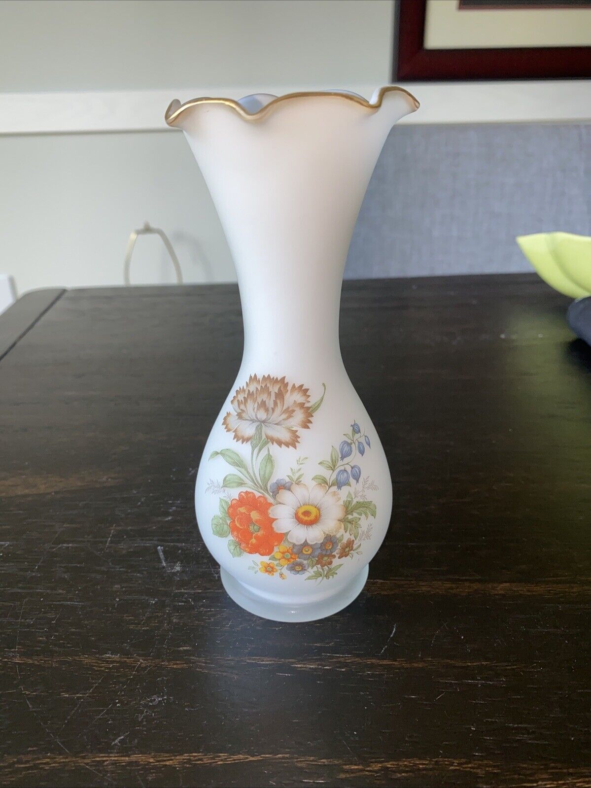 Vintage Frosted glass Bud Vase 6.5” White Satin Glass Scalloped Gold Trim