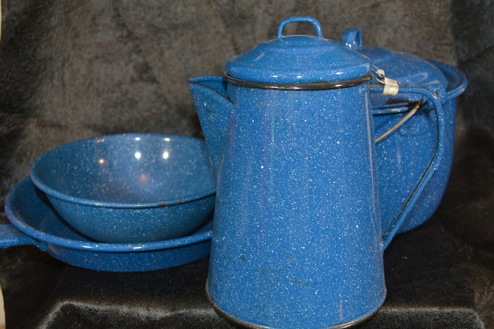 Enamelware Graniteware Metal Blue Coffee bowl skillet cook pot serve spoon