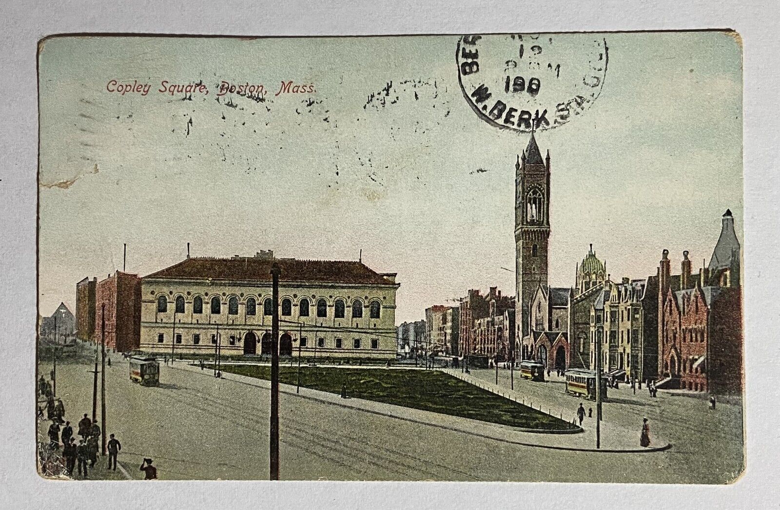 1907 Antique Postcard Copley Square Boston Massachusetts Natick Double Postmark