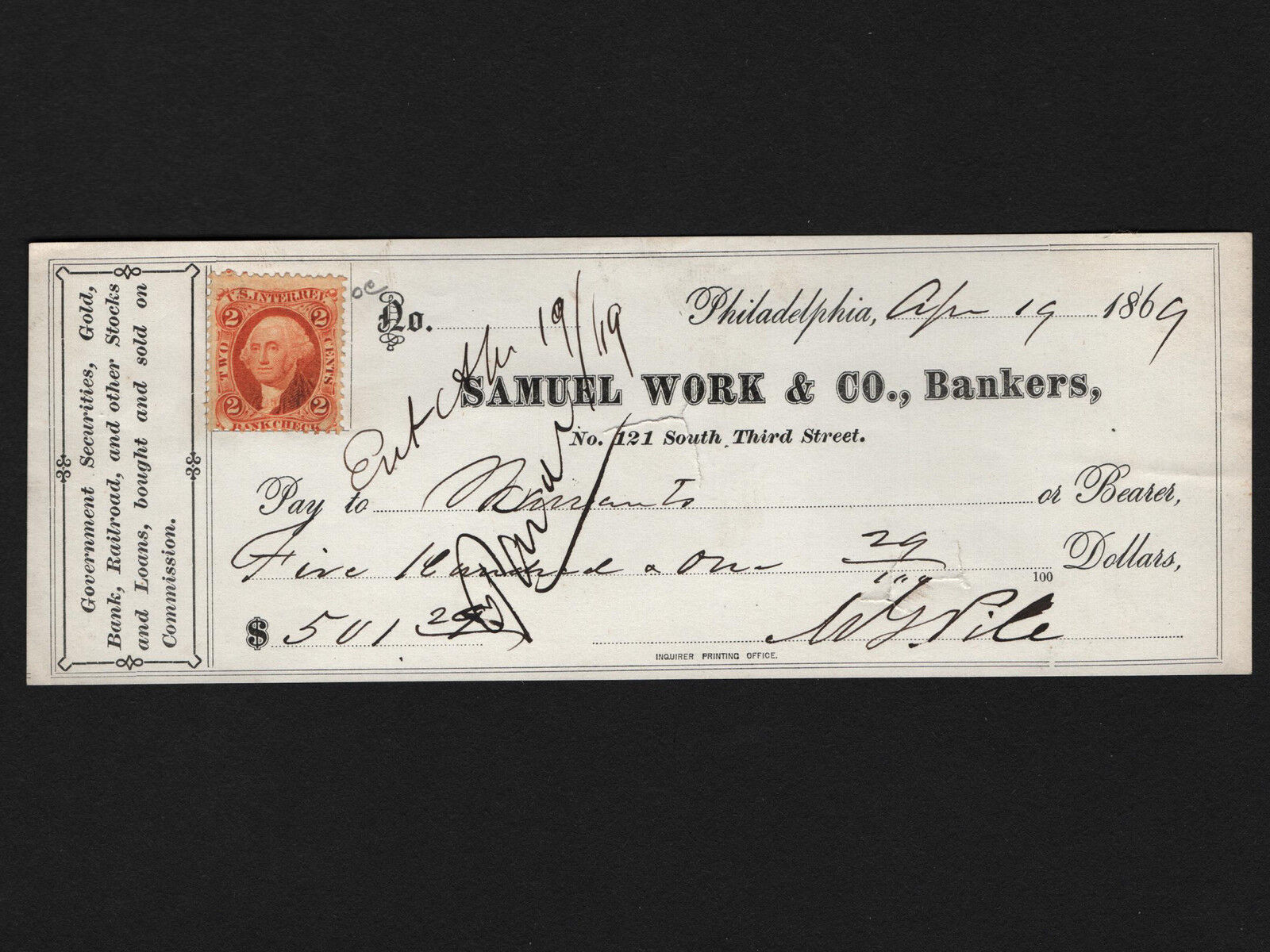 OPC 1869 Philadelphia Samuel Work & Co Bankers $500. Check with Revenue