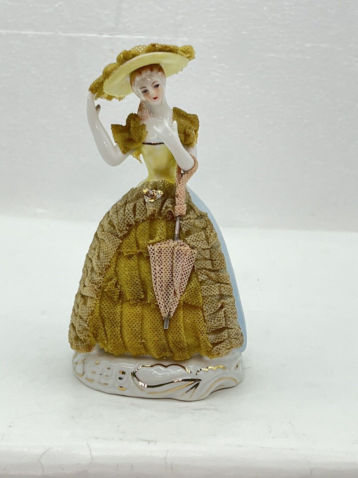 VINTAGE MADE IN JAPAN FIGURINE VICTORIAN LACE WOMEN WITH UMBRELLA 