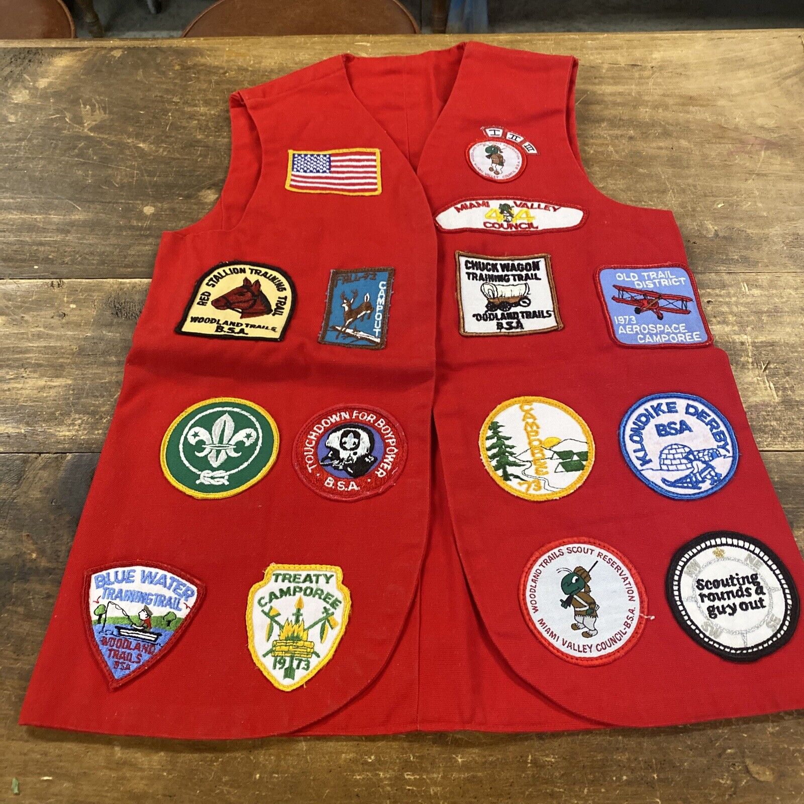 Vintage 1970s Boy Scouts of America Red Wool Vest Lined with 20 Patches BSA