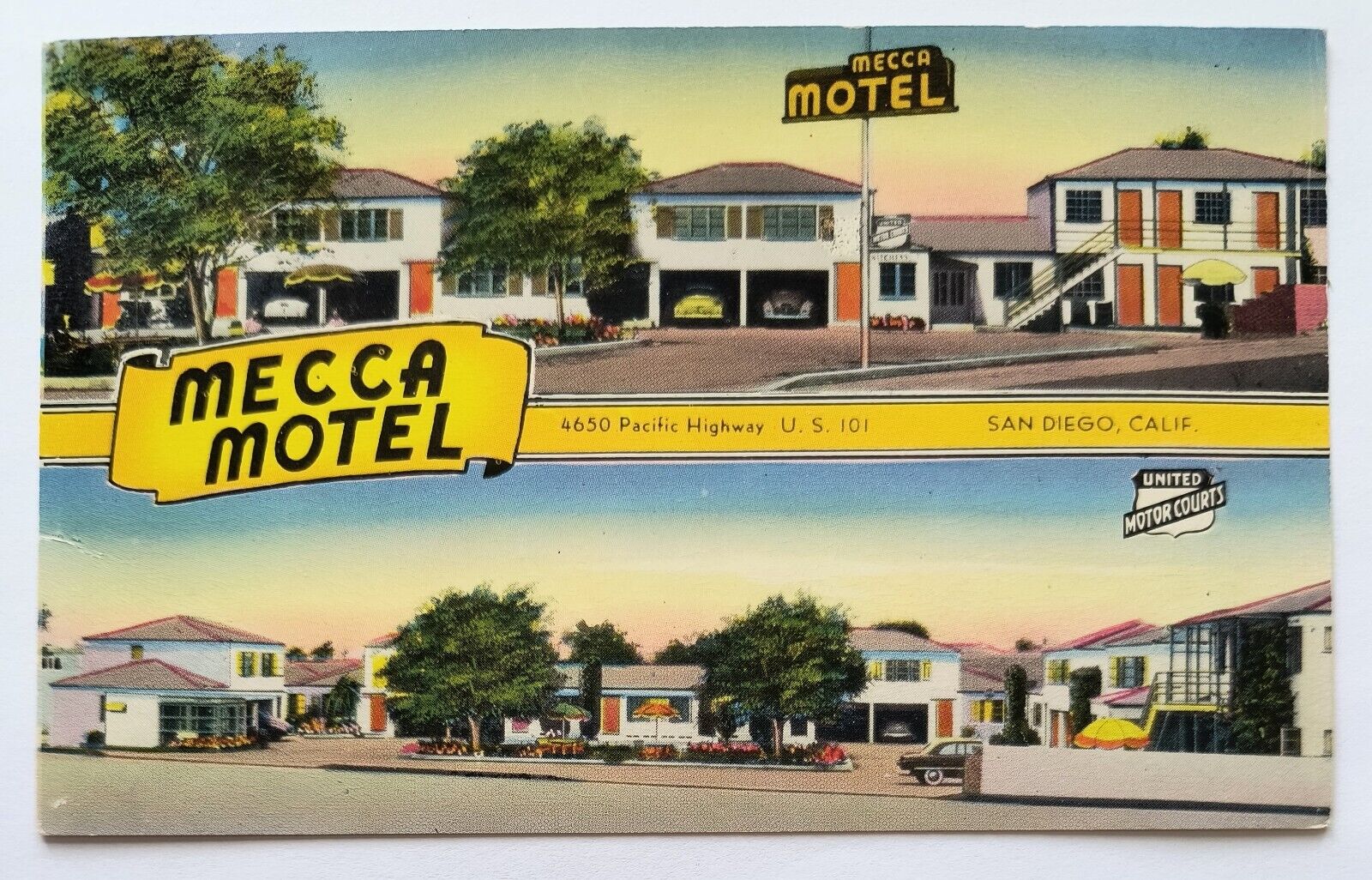 San Diego CA California Mecca Motel Pacific Hwy Advertising Vintage Postcard D3