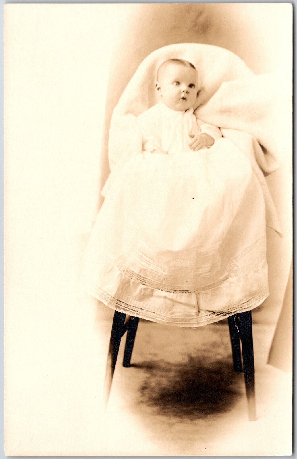 Infant Photograph White Dress Sits on Chair Baby Child Christening Postcard