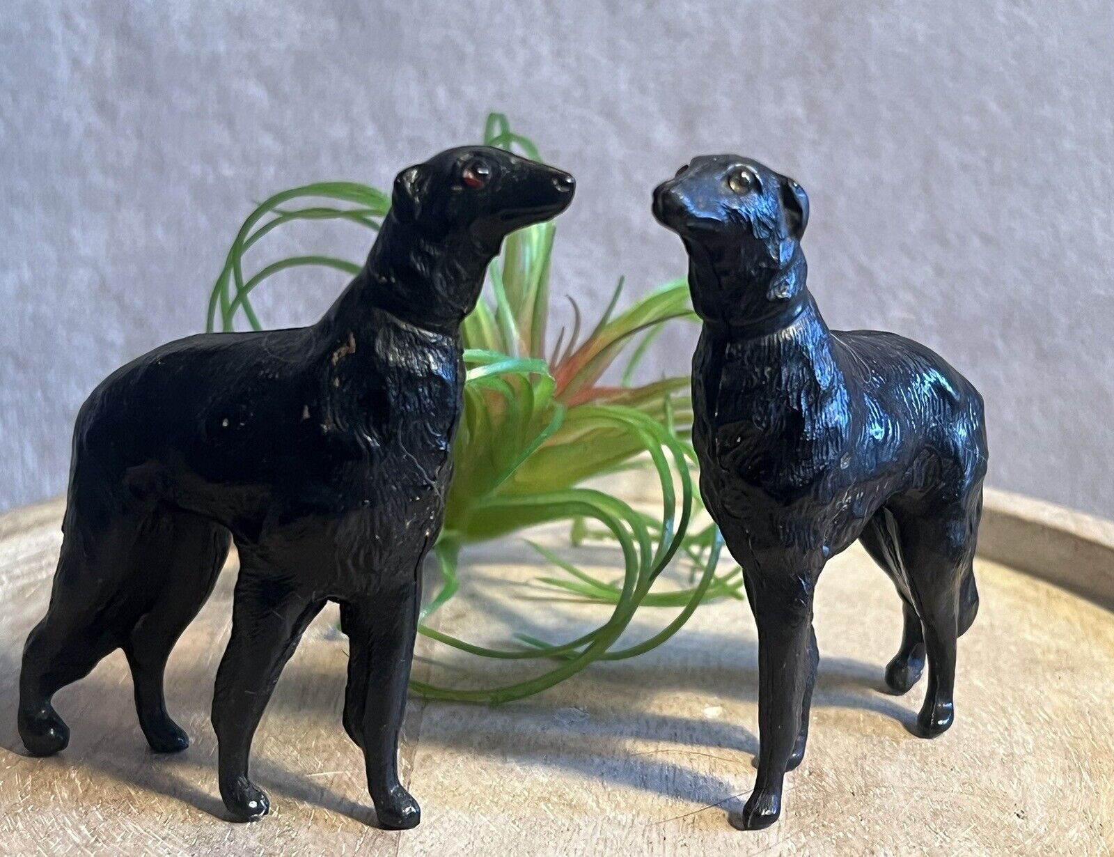 Vintage 1921-1941 pair of black borzoi figurines with rhinestone(?) eyes