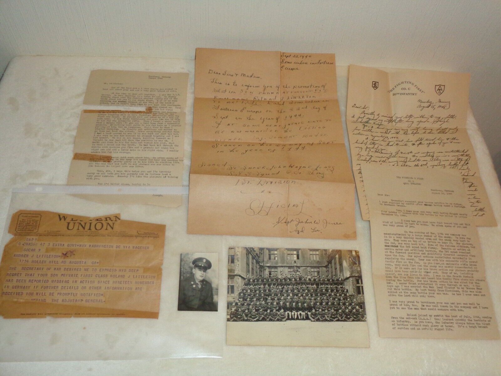 U.S. Army 26th Infantry Soldier KIA 1944 WW2 Telegram & Letters to Parents Rare