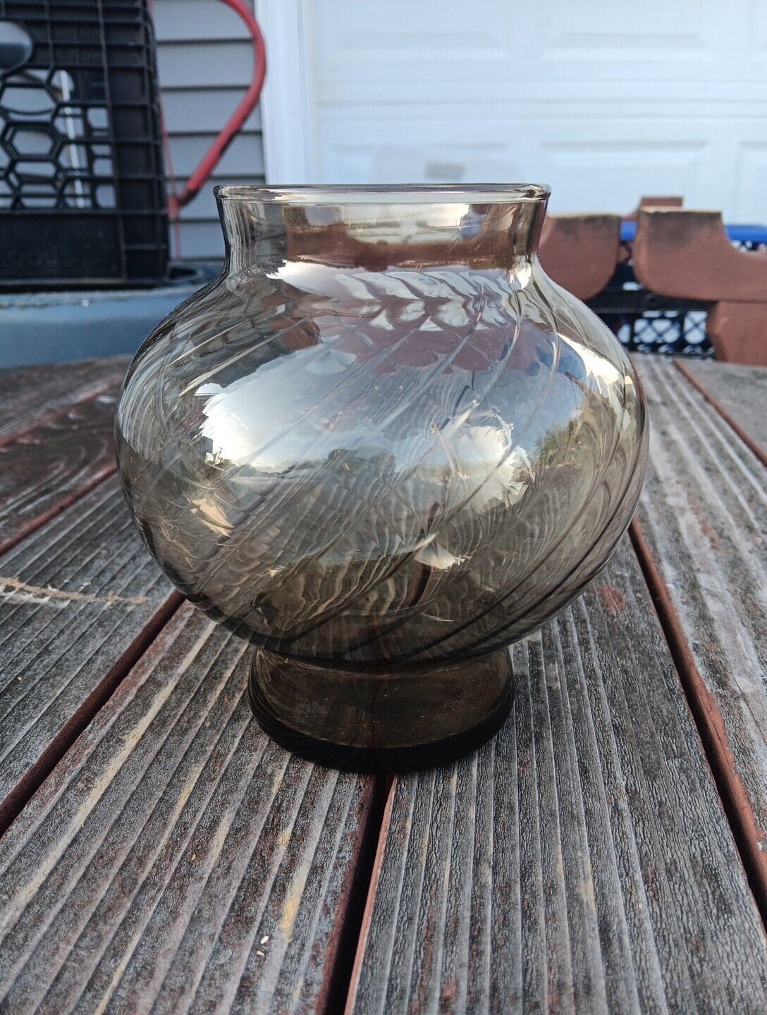 Vintage FTDA 1981 Optic Swirl Brown Gray Hand Blown Glass Vase
