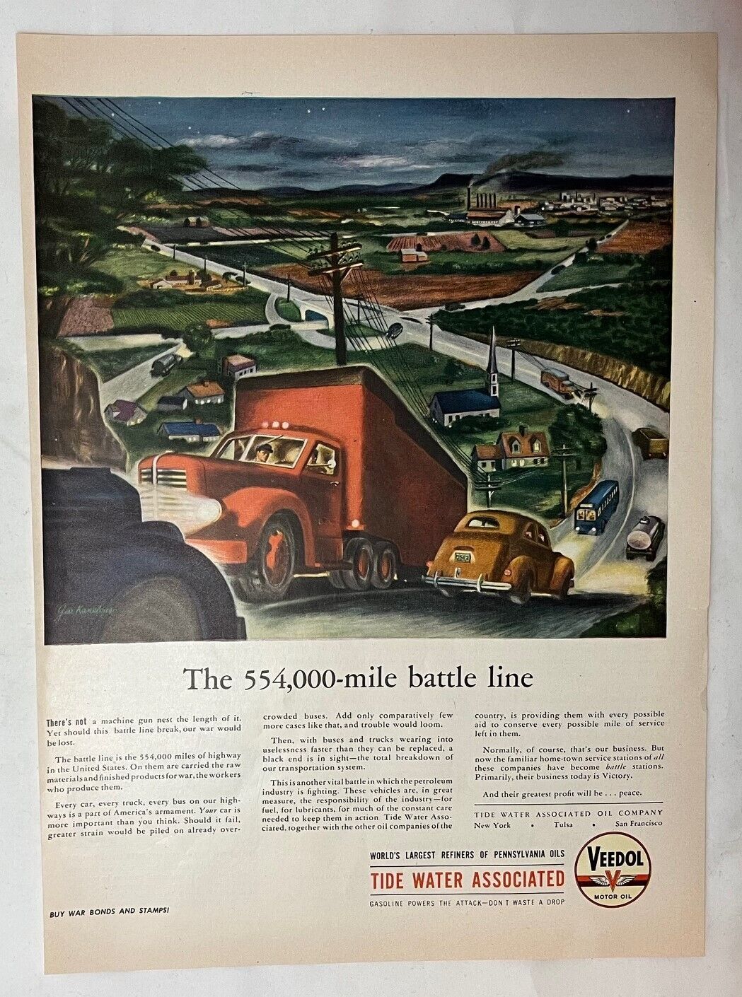 1944 Veedol Motor Oil Print Ad WW2 Buy War Bonds Pennsylvania Oils