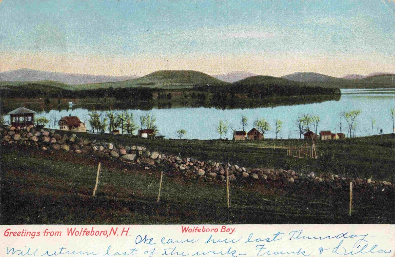1906 Wolfeboro New Hampshire View of Bay Rock Wall Cottages Shoreline Postcard