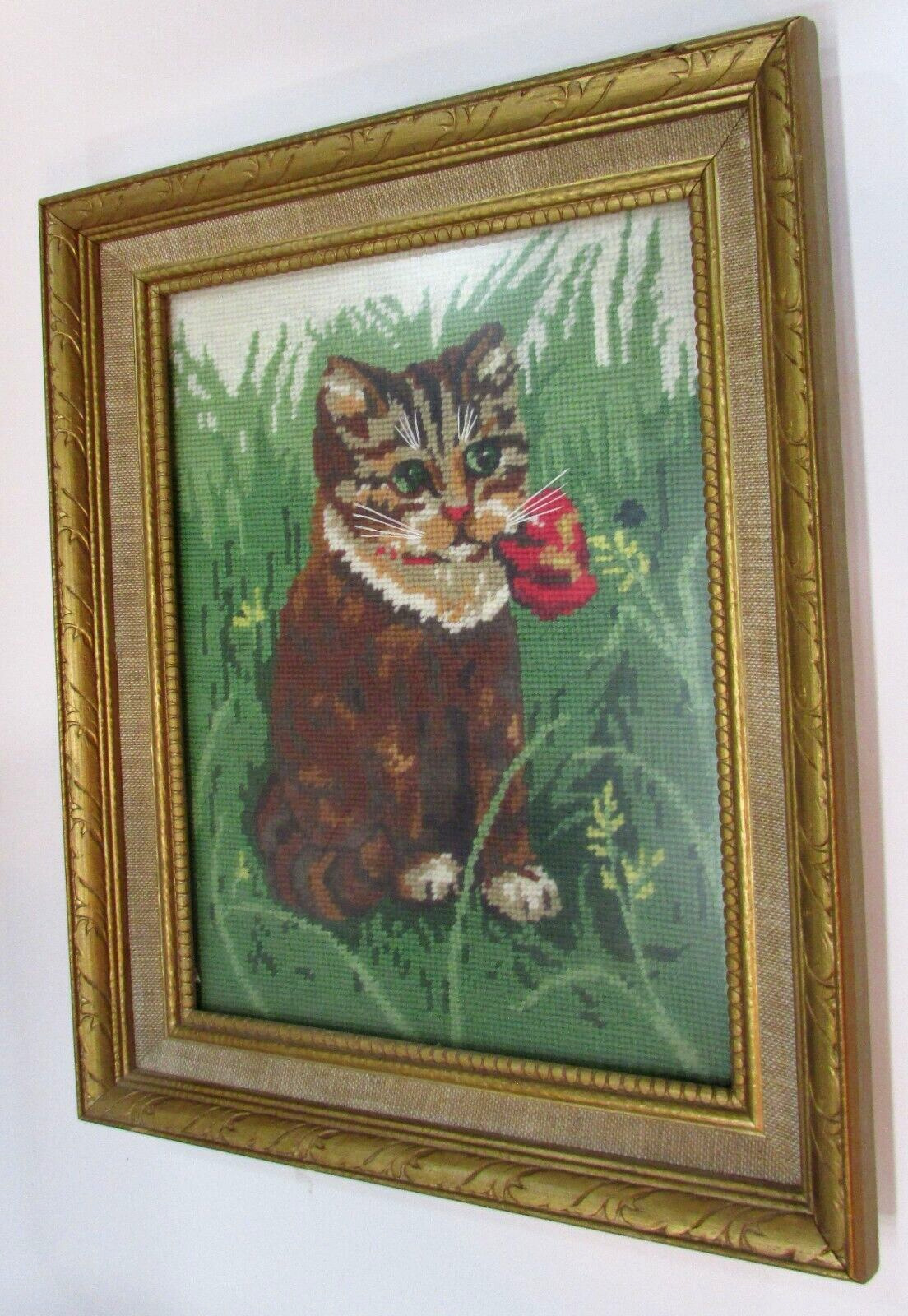 Old 1982 Cross Stitch Needlepoint 9x12 Cat Kitten Gold 12x15 Wood Framed w Glass