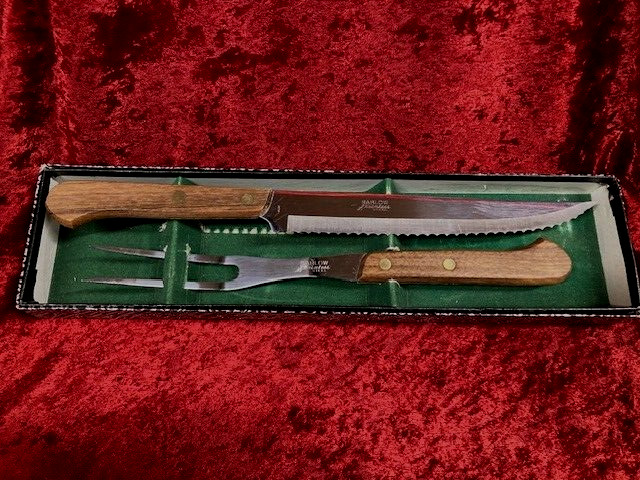 VINTAGE MID-CENTURY BARLOW STEAK SERVING FORK/SERRATED KNIFE SET DEDICATED GIFT
