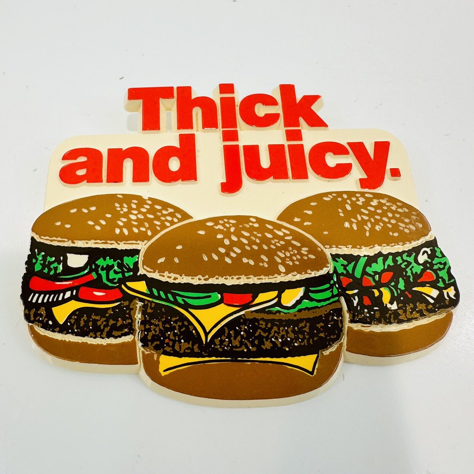 Vintage Hardees Thick & Juicy Hamburger Plastic Button Pin Fast Food Carls Jr Ad