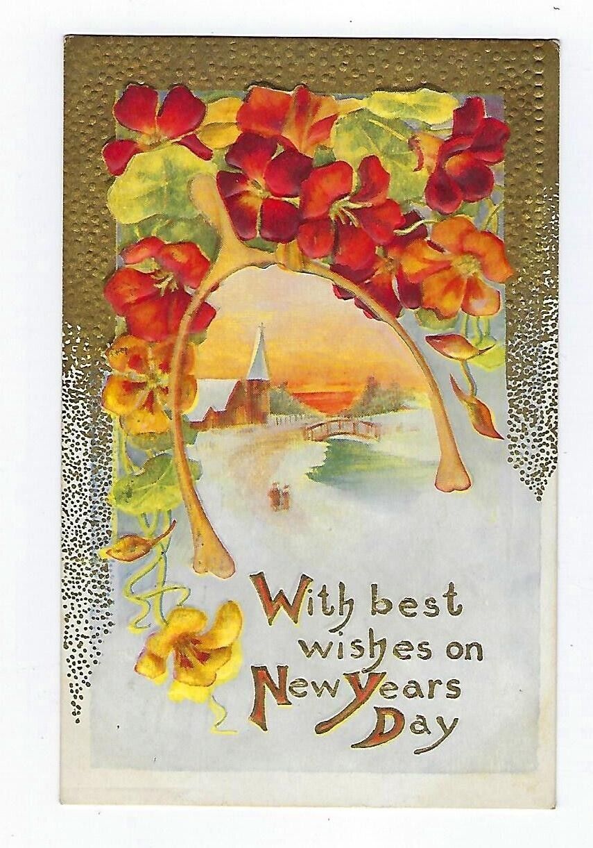 1909 Postcard Happy New Years Day Posted with 1909 Red Cross Stamp Embossed