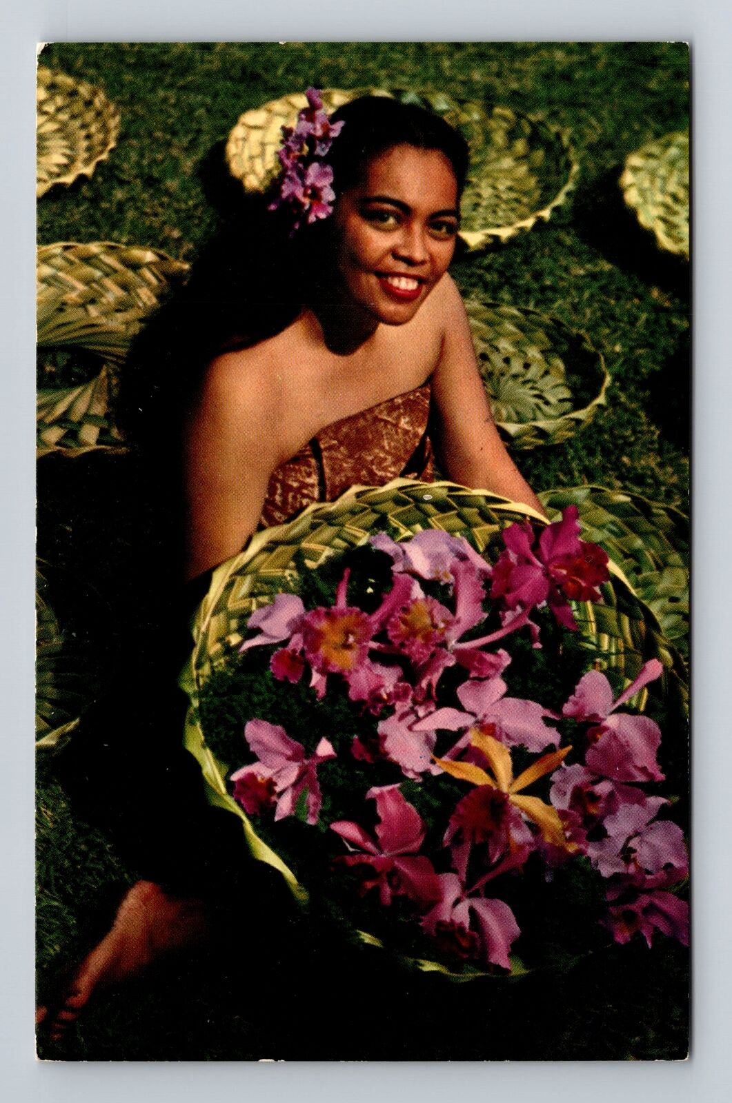 HI-Hawaii, Hawaiian Lady and Island Orchids, Antique Souvenir Vintage Postcard