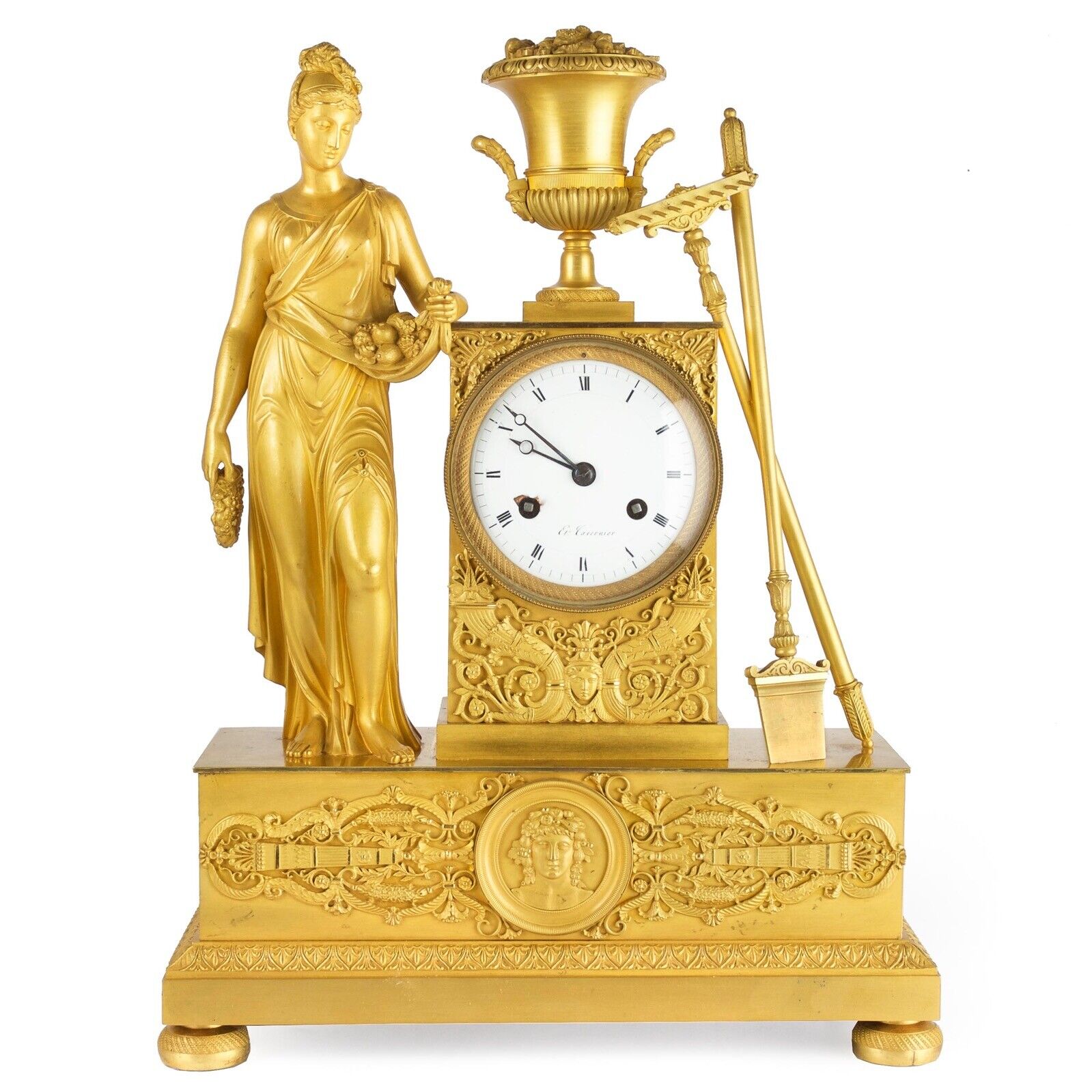 French Empire Ormolu Bronze Figural Mantel Clock of Ceres, circa 1815 