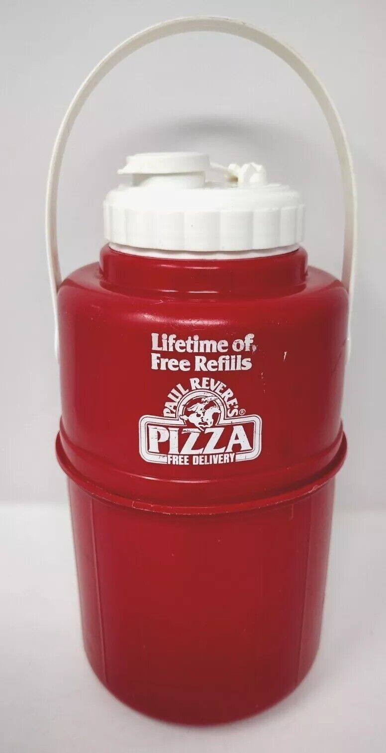 Vtg Paul Revere\'s Pizza Thermos Jug Bee Plastics 1/2-Gal LIFETIME FREE REFILLS