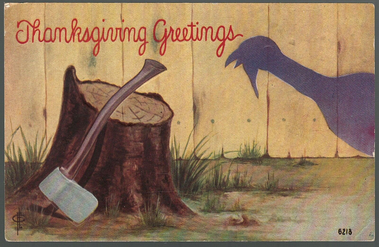 Postcard Thanksgiving A Turkey\'s Shadow Is Looking At An Axe