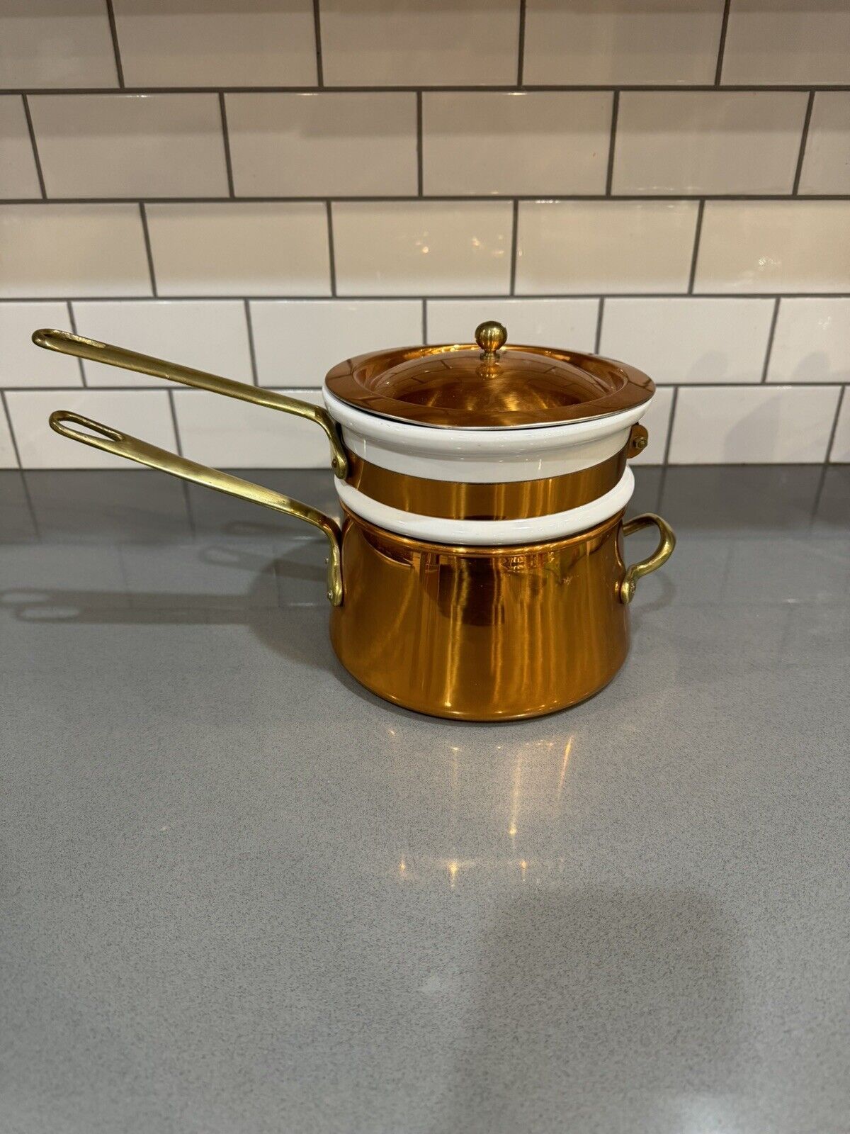 Copper , Ceramic and Brass 2 Qt Double Boiler 3 pc Pot Cookware
