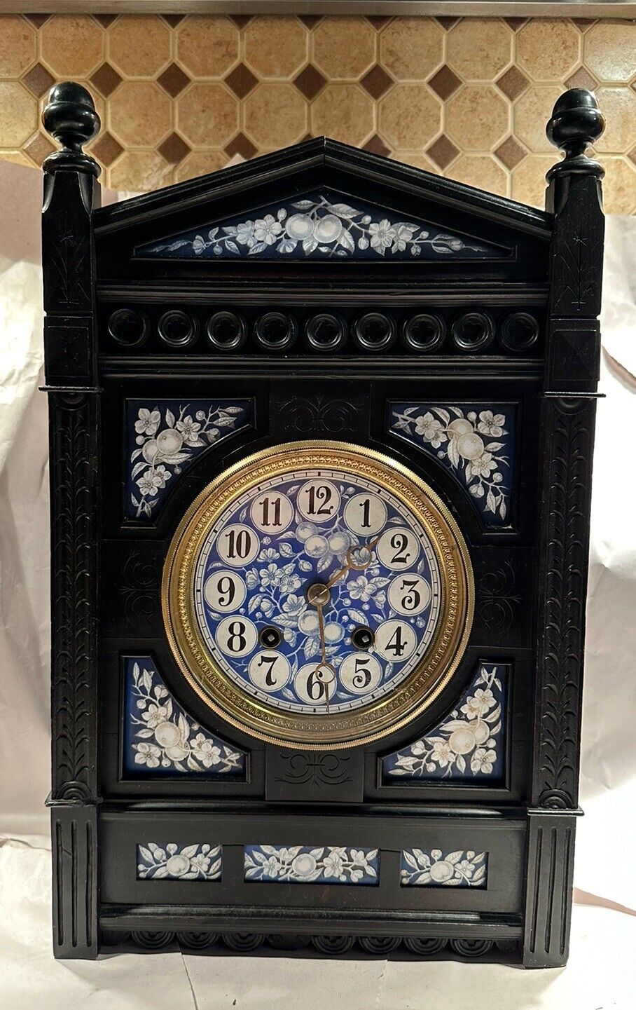 Antique French Aesthetic Period Ebonized Mantel Clock With Blue Porcelain