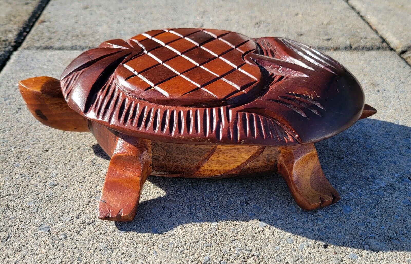 Hand Carved Wooden Turtle Covered Trinket Box from Aruba Vintage Decorative