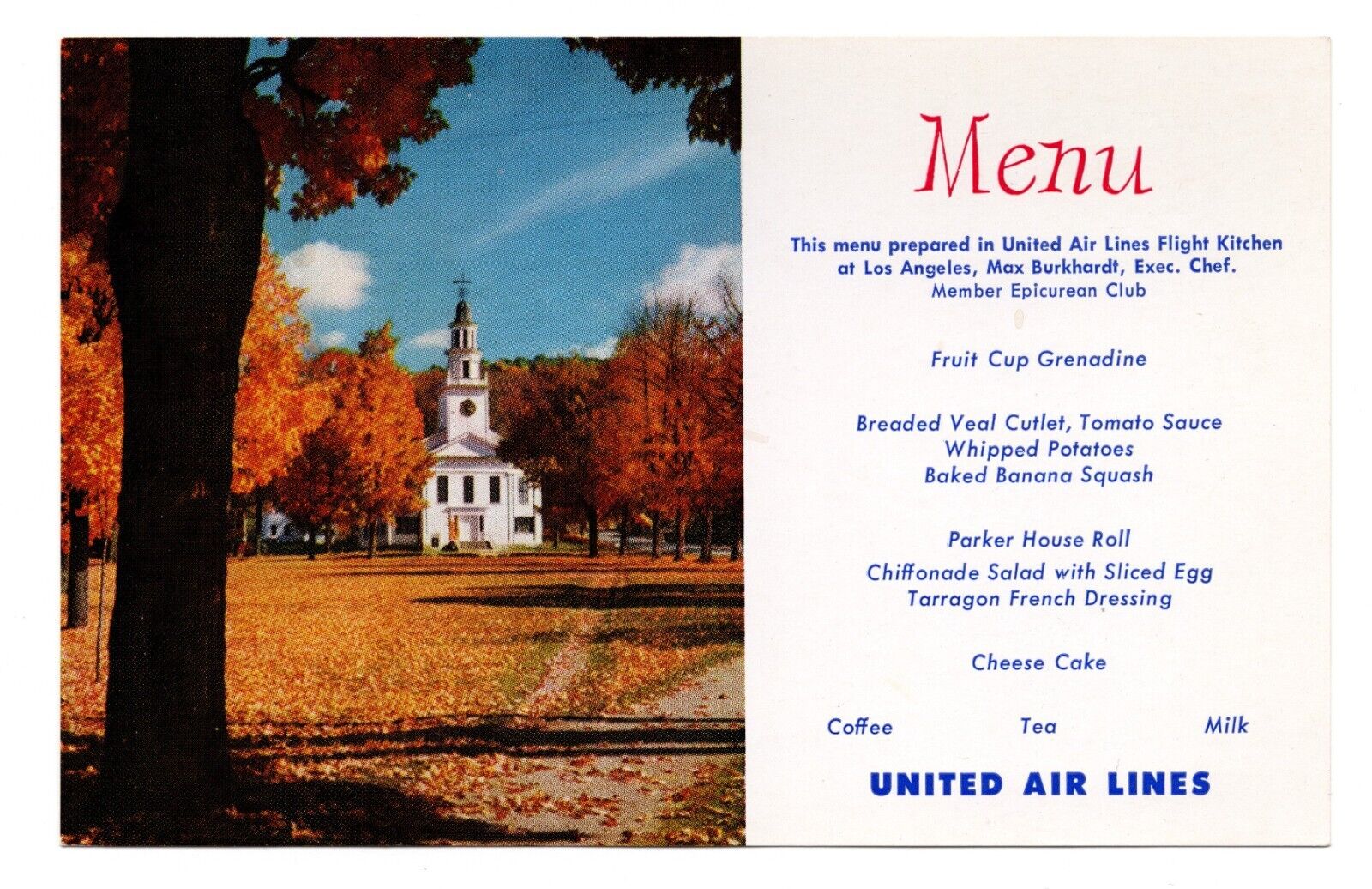 Chrome postcard - United Airlines menu card, New England, church, autumn, leaves