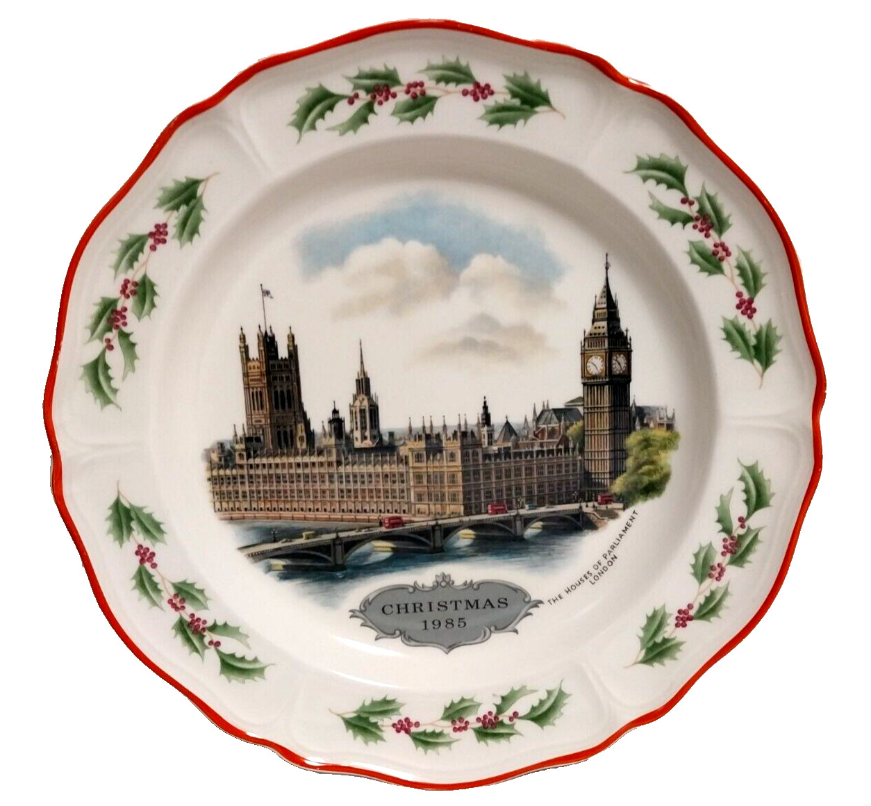 WEDGWOOD QUEEN\'S WARE CHRISTMAS COLLECTOR\'S PLATE PALACE OF WESTMINSTER 1985