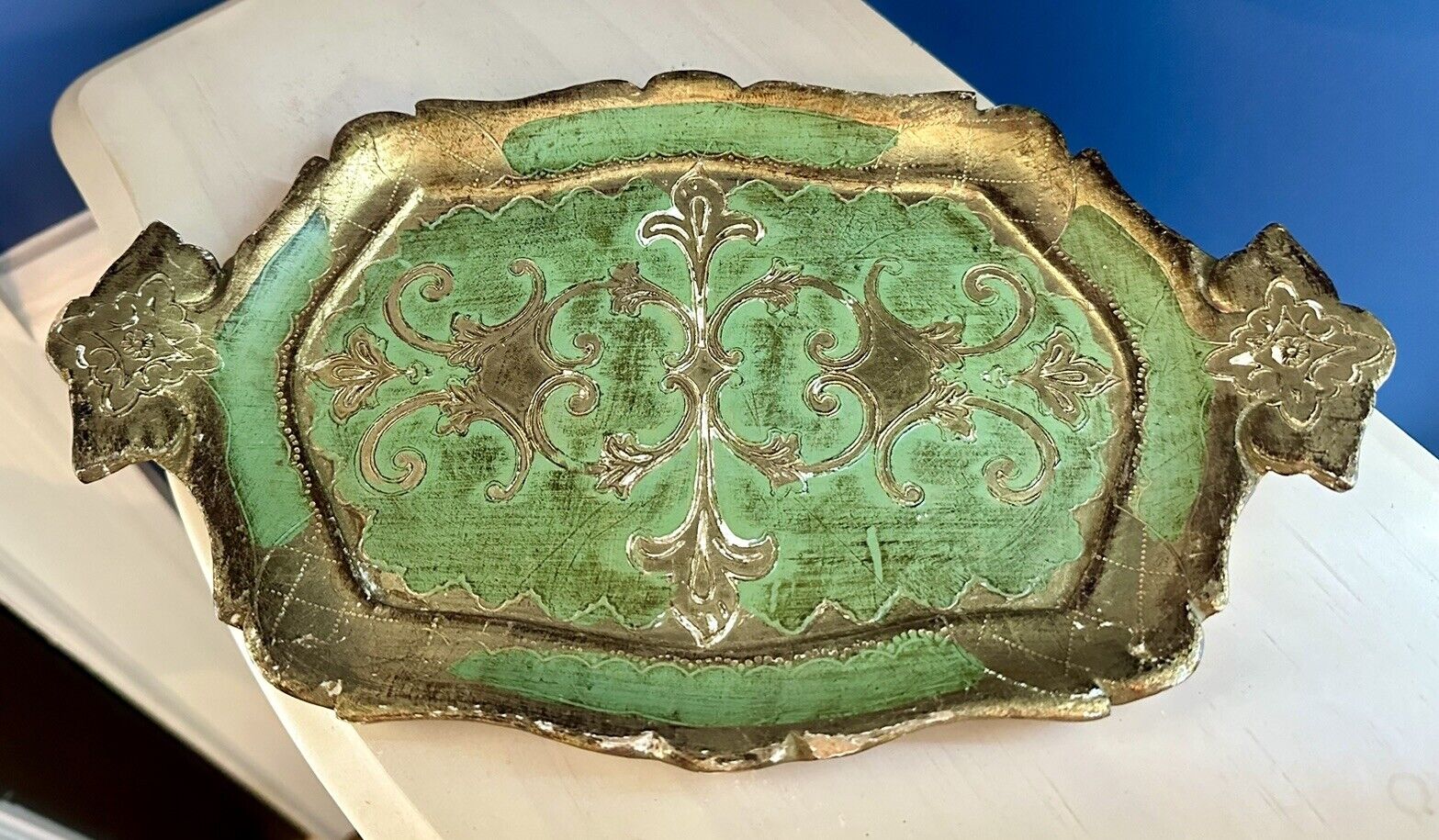 Vintage Chippy Italian Florentine Carved Gilt Wood Tray Green
