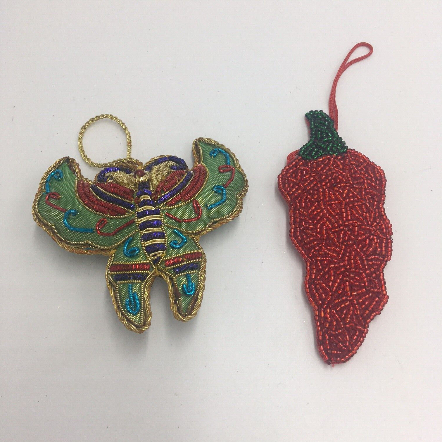 Lot of 2 Vintage Christmas Ornaments Metallic Beaded Butterfly and Chili Pepper 