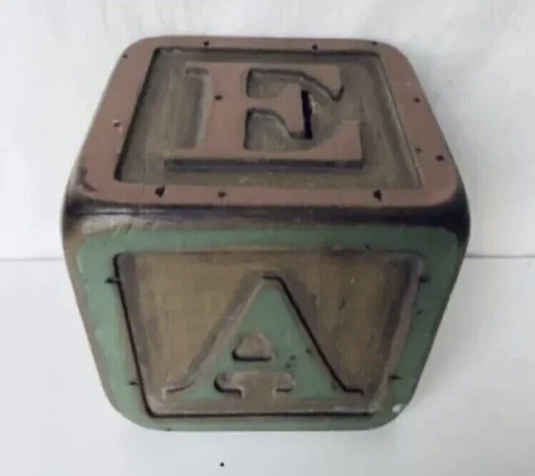 VTG Wooden Wood Coin Bank Cube Alphabet Block 5\