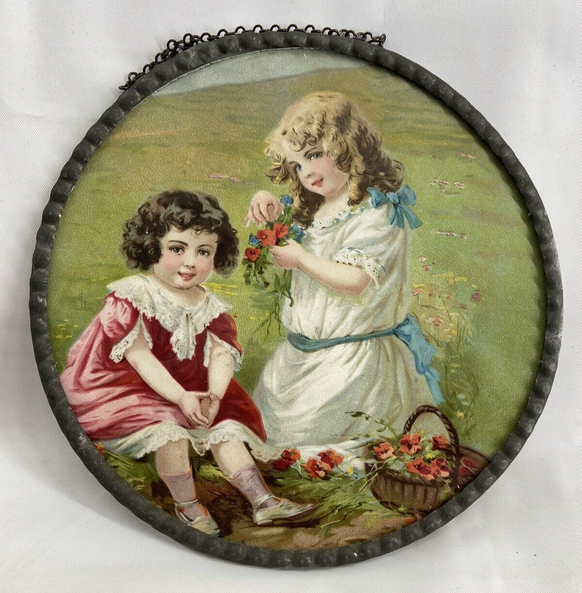 Antique Victorian Flue Cover Girls Outdoor Beautiful Day Chromolitho