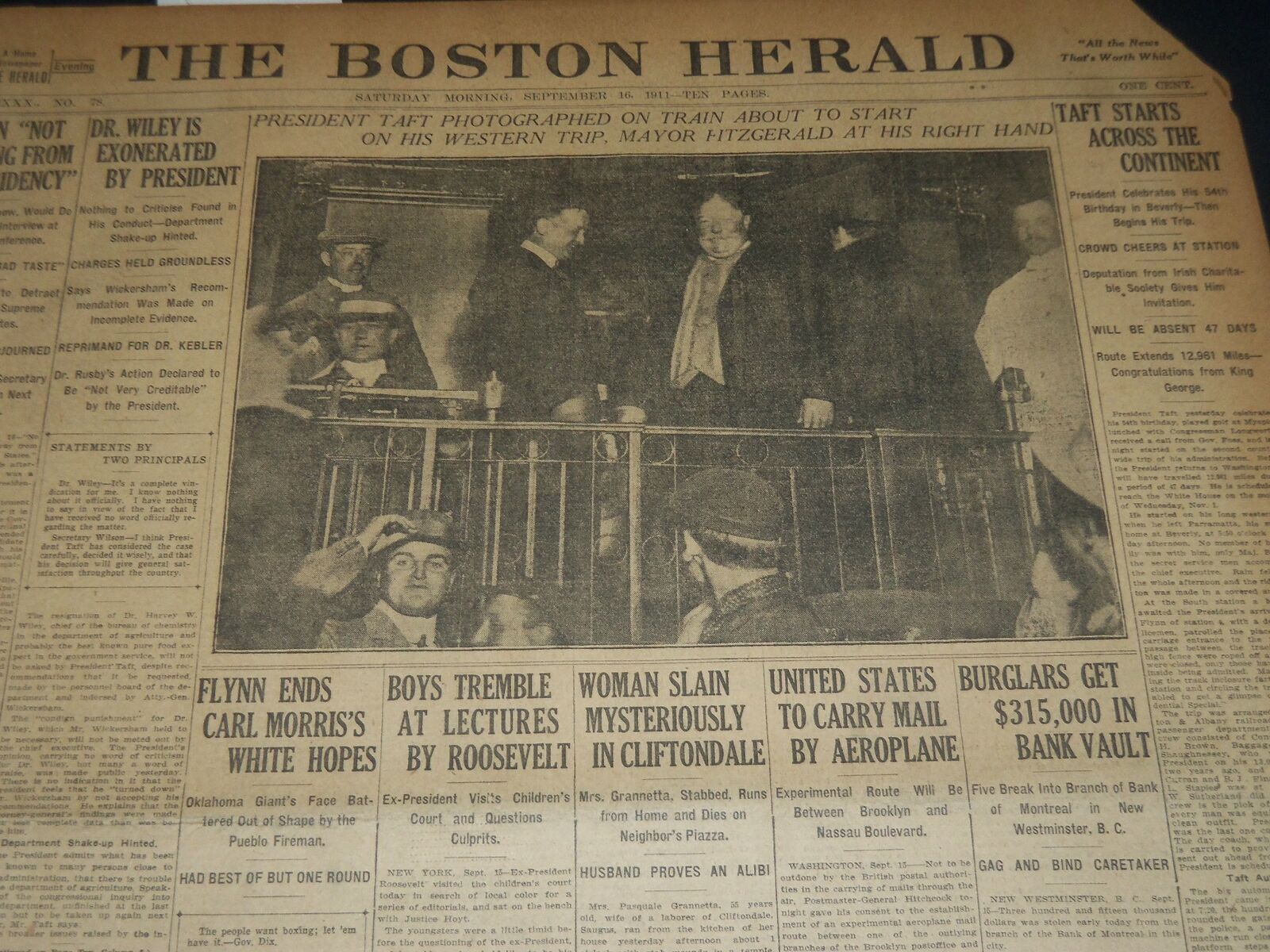 1911 SEPTEMBER 16 THE BOSTON HERALD - TAFT STARTS ACROSS THE CONTINENT - BH 314