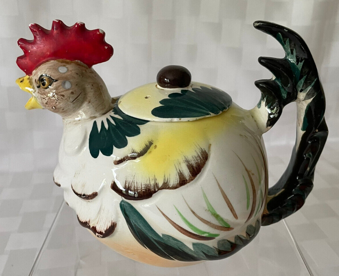 Vintage 1950s HEN CHICKEN ROOSTER Glazed Ceramic Teapot FARMHOUSE COUNTRY Chiped