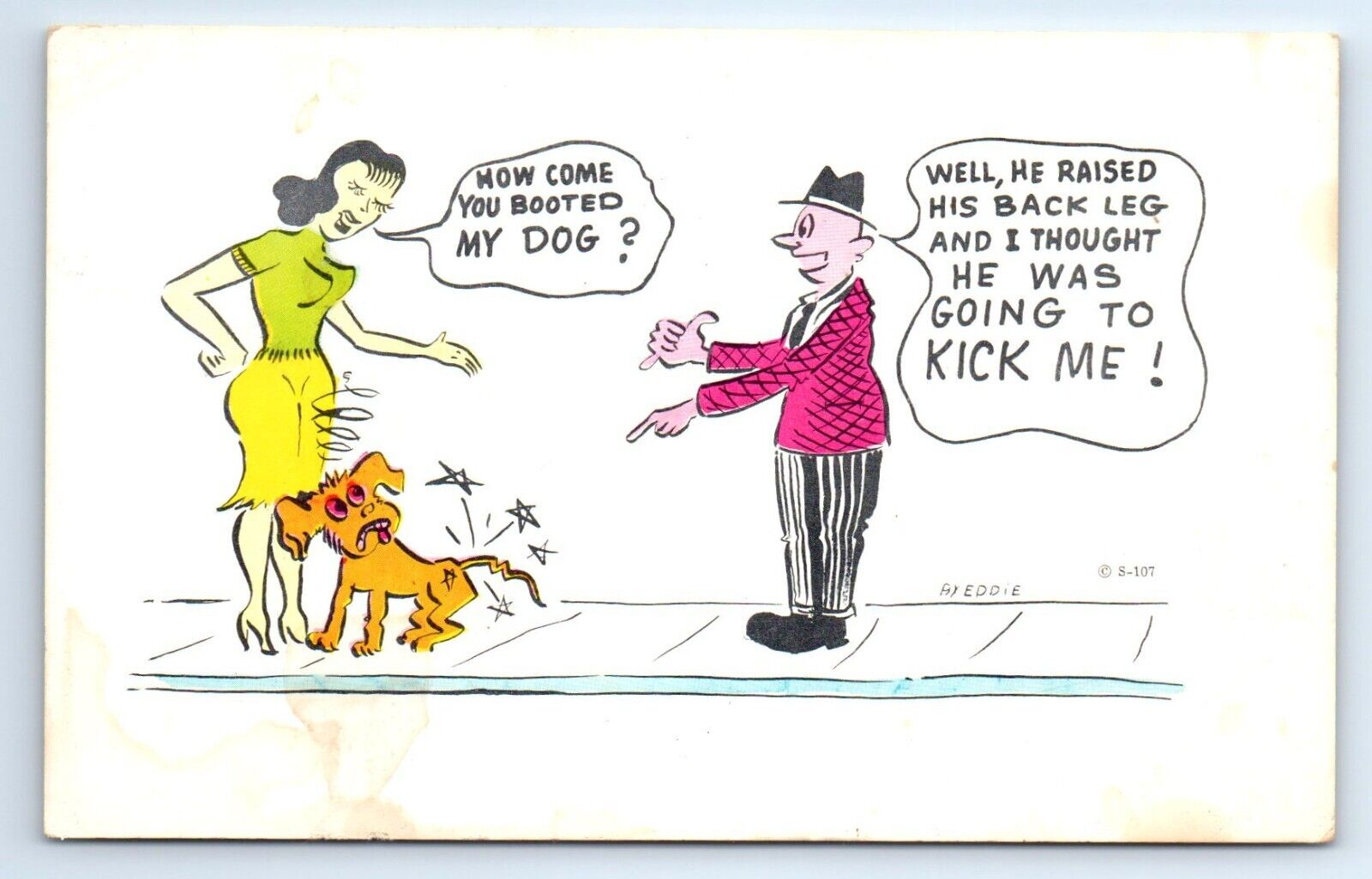 You kicked My Dog Man Woman COMIC CLOWN-O-GRAM Postcard c.1960 STAINED